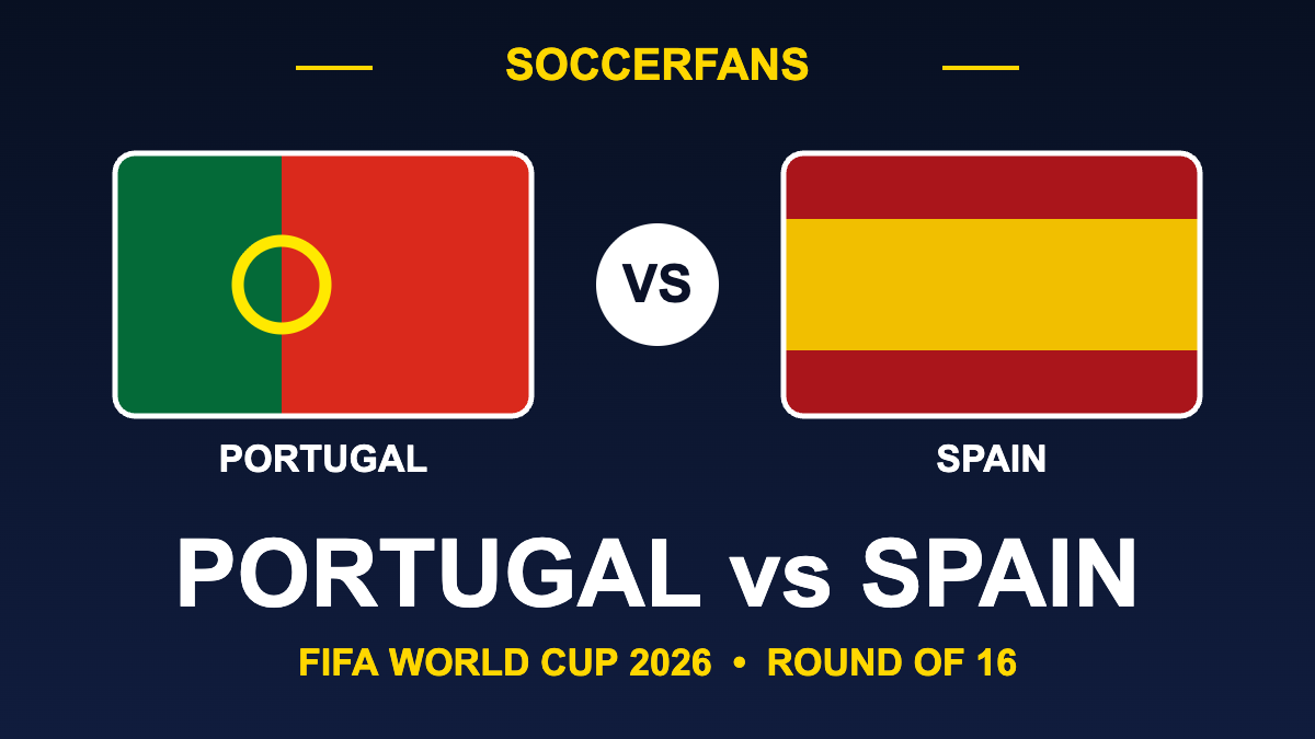 Portugal and Spain flags side by side - FIFA World Cup 2026 Round of 16 on SoccerFans
